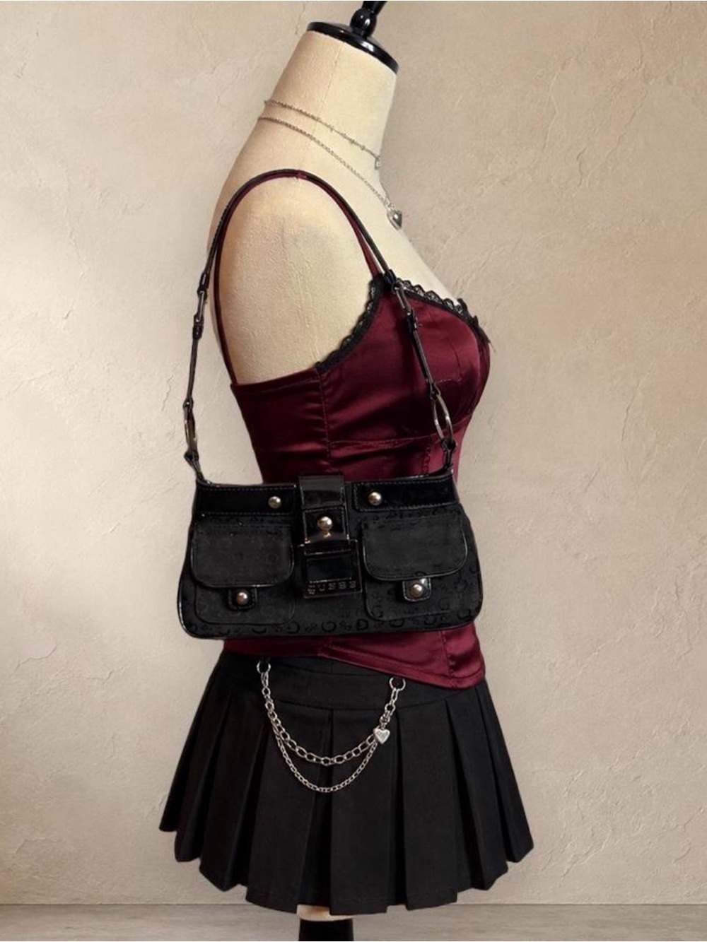 GUESS Black Monogram Baguette Shoulder Bag Patent Trim Silver Buckle